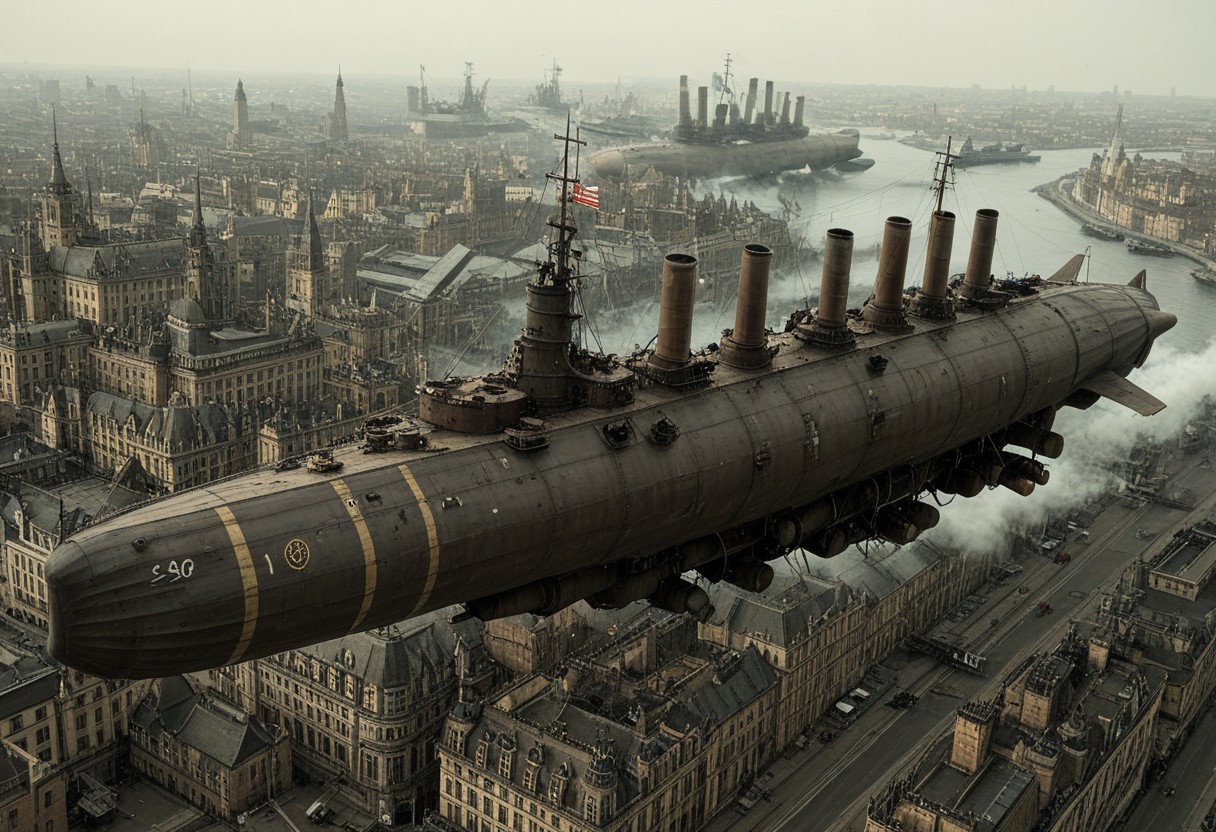 masterpiece, best_quality, very_aesthetic, highres, absurdres, ultra detailed, airship,  battleship, steampunk, Victorian, 
flying over Victorian city,
 airship, vehicle focus, no humans, military vehicle, military, science fiction, aircraft flying, radio antenna, cannon, machinery,rocket launcher,
dark iron, navy gray vehicle, 
spiral, pipe ,rivets, ,wire,