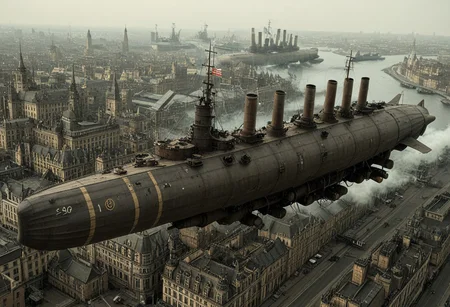 masterpiece, best_quality, very_aesthetic, highres, absurdres, ultra detailed, airship,  battleship, steampunk, Victorian, 
flying over Victorian city,
 airship, vehicle focus, no humans, military vehicle, military, science fiction, aircraft flying, radio antenna, cannon, machinery,rocket launcher,
dark iron, navy gray vehicle, 
spiral, pipe ,rivets, ,wire,