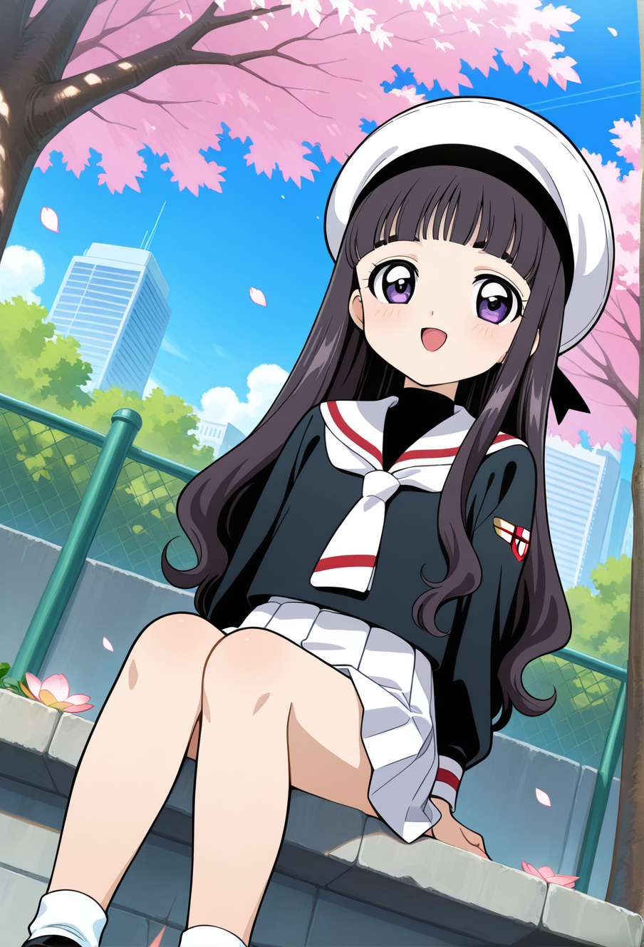 park, sakura tree, flower petals, clouds, cityscape, day,
BREAK,
open smile, sitting,
full body,
dynamic angle,
BREAK,
<lora:tomoyoS_illustriousXL_v03:0.9>
tomoyodef, black hair, blunt bangs, tomoeda elementary school uniform, long hair, purple eyes, black shirt, sailor collar, school uniform, white neckerchief, white sailor collar, long sleeves, white beret, straight hair, purple eyes, white socks, black mary janes,, source_anime, very aesthetic, anime coloring, masterpiece, 
best quality, amazing quality, ultra detailed, very aesthetic, 
detailed background, 
BREAK,