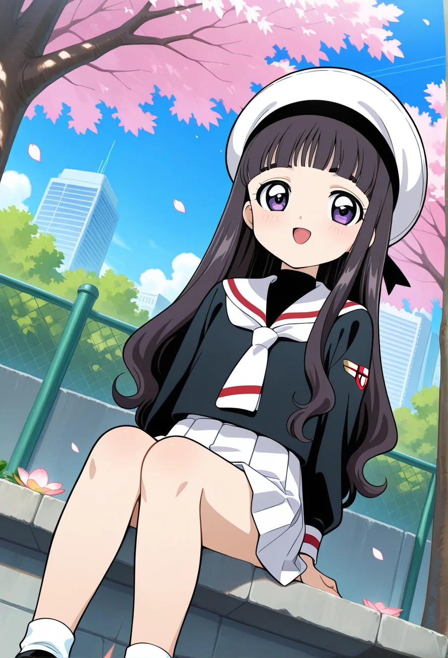 park, sakura tree, flower petals, clouds, cityscape, day,
BREAK,
open smile, sitting,
full body,
dynamic angle,
BREAK,
<lora:tomoyoS_illustriousXL_v03:0.9>
tomoyodef, black hair, blunt bangs, tomoeda elementary school uniform, long hair, purple eyes, black shirt, sailor collar, school uniform, white neckerchief, white sailor collar, long sleeves, white beret, straight hair, purple eyes, white socks, black mary janes,, source_anime, very aesthetic, anime coloring, masterpiece,
best quality, amazing quality, ultra detailed, very aesthetic,
detailed background,
BREAK,