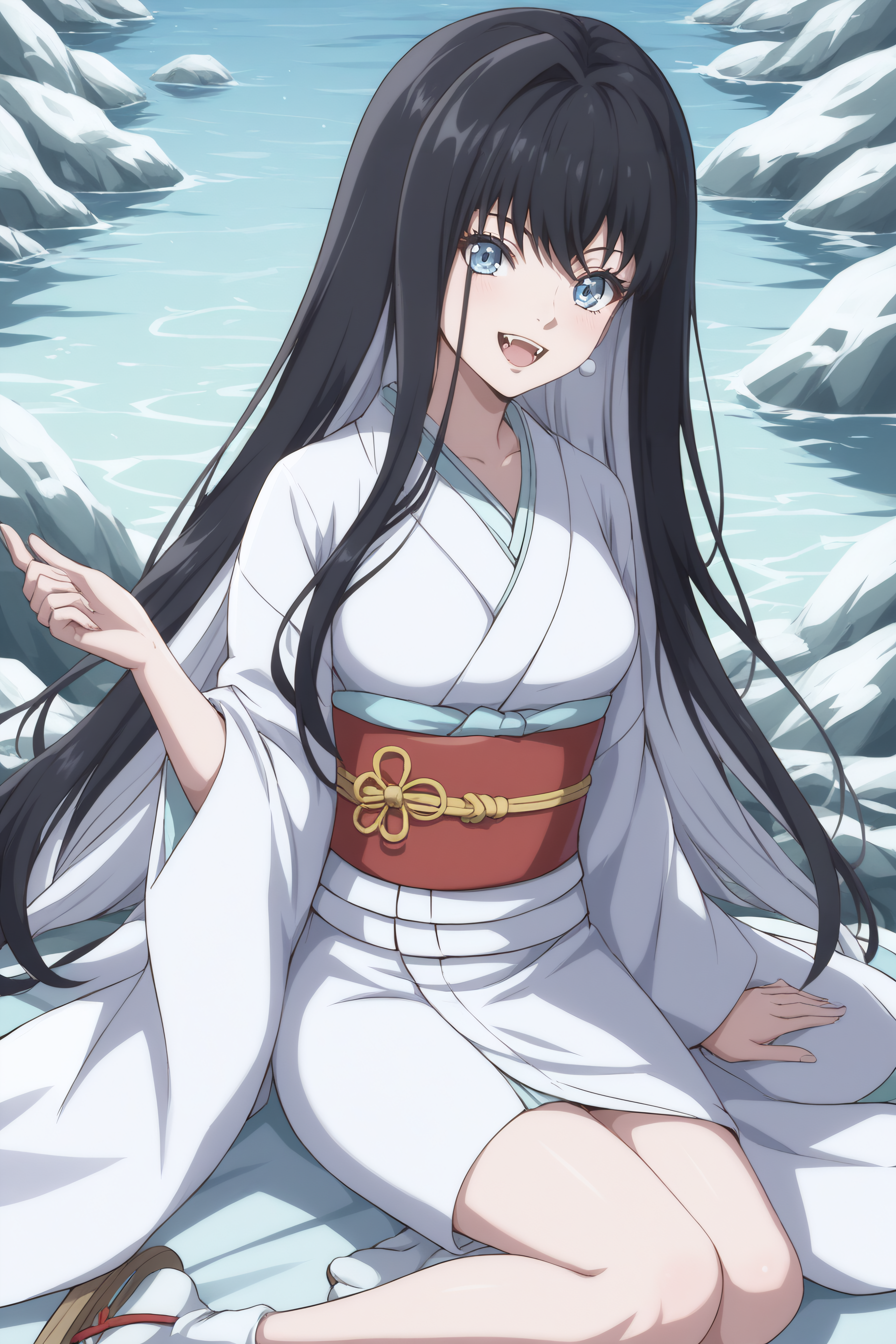 score_9, score_8_up, score_7_up, BREAK, source_anime, <lora:Yuki Onna-PonyXL-lora-Faxtron:0.8> yuki onna, light blue eyes, black hair, multicolored hair, long hair, medium breasts, fangs, japanese clothes, white kimono, sash, obi, socks, sandals,