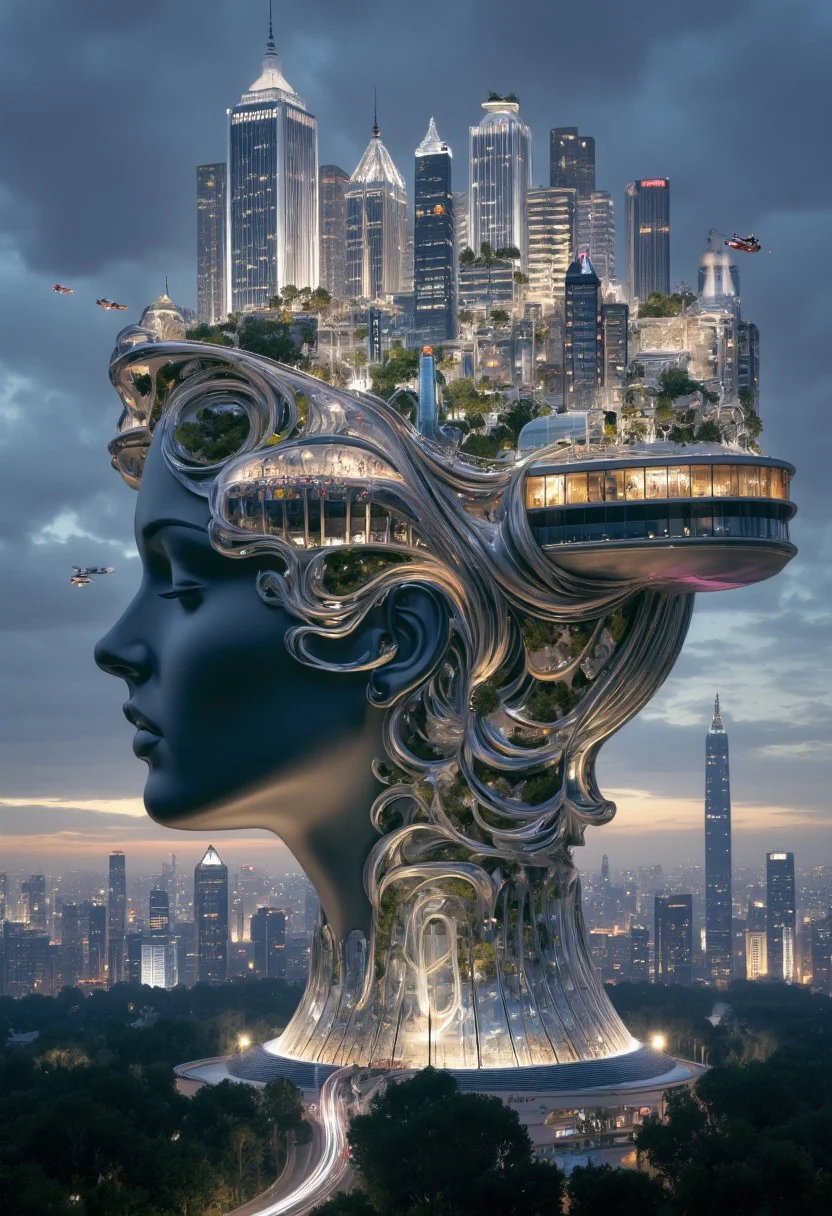 A retro-futuristic cityscape forms the massive profile of a serene, glass woman’s head, seamlessly blending human features with intricate architectural elements. Her face serves as the city’s foundation, with towering skyscrapers on her forehead and temples, glowing with neon windows. Her hair flows as metallic structures and bridges, interwoven with train tracks, suspended walkways, and glowing signs. Smaller buildings cascade along her jawline, creating a harmonious urban sprawl.
The city is alive with detail: tiny figures move across her cheekbone plazas, bustling markets thrive on her lips, and balconies line her nose and chin. Flying vehicles zip through the air, leaving colorful light trails as they navigate the futuristic skyline. Art deco-inspired facades and chrome accents dominate, giving the city a bold, vibrant aesthetic. Her closed eyes shimmer as reflective glass, and her ears double as observation decks.
Her collarbone extends into a grand platform supporting monuments and lush gardens, while steam rises gently from vents near her temples, giving her a lifelike presence. The moody, dusky sky glows with light from the city and hovering vehicles, blending natural beauty with advanced technology. The entire scene evokes a sense of awe, a vision of humanity’s integration with architecture.