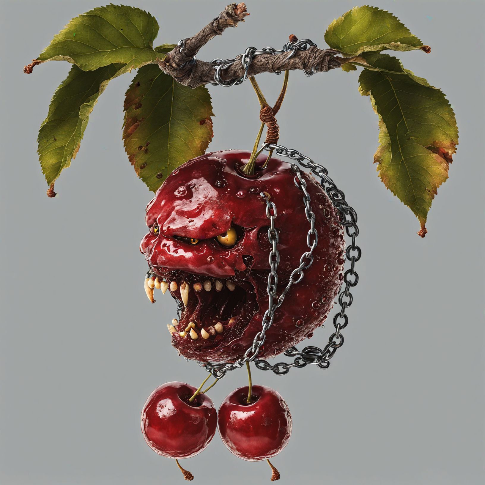 Heavily chained Cherries FaVGoneBad  on the tree are barking <lora:Fruits_and_Vegetables_gone_bad_-_SDXL_LoRA:0.8>