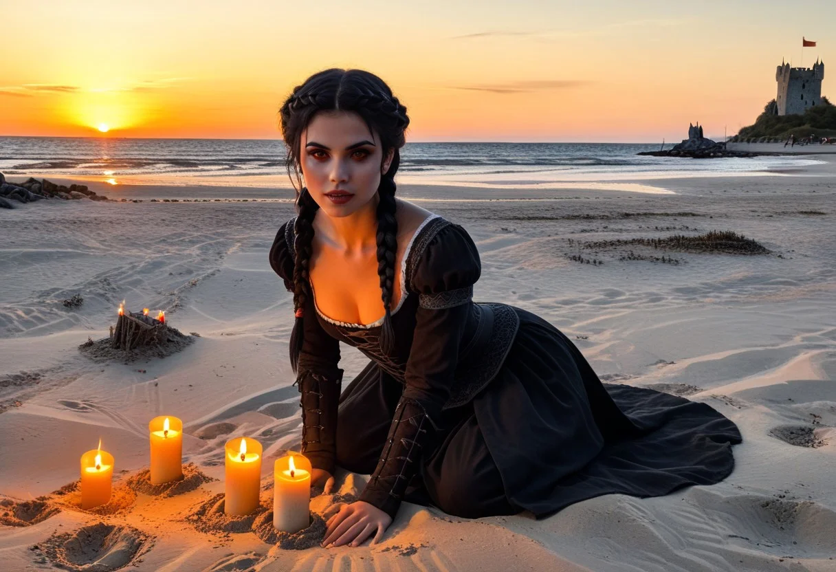NM_tes_Serana,,
black hair, medium hair, crownbraid, orange eyes, glowing eyes, vampire fangs
kneeling in the sand,
looking at the viewer,
at a public beach , beach scene, medieval scene,
evening, sunset, lit candles,
cinematic shot,
8k ,realistic photo, highly detailed,
uncensored