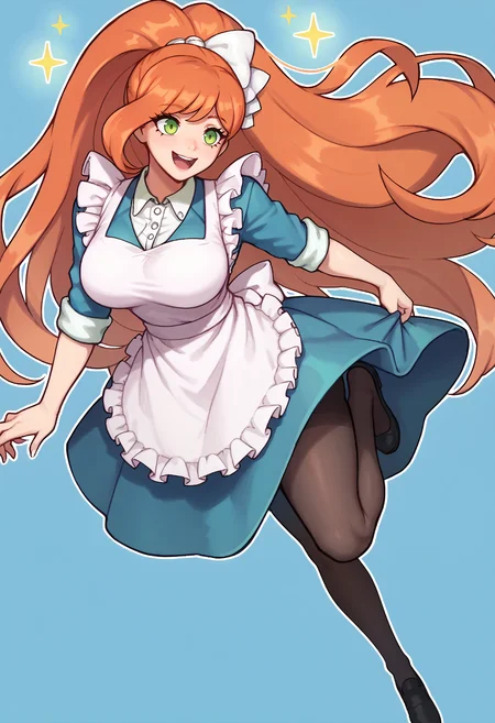 score_9, score_7_up, 1girl, full body, standing on one leg, open mouth, smile, sparkle, outline, skirt hold, <lora:ChisaDR-pdxl:1> chiDR, orange hair, long hair, high ponytail, hair ribbon, white ribbon, green eyes, collared shirt, white shirt, blue dress, large breasts, frilled apron, sleeves rolled up, black pantyhose, shoes, black footwear, blue background