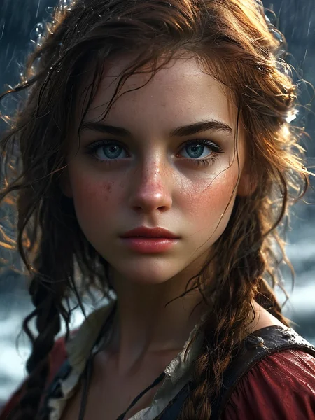 Hyperrealistic art 19yo redhead girl, long wavy hair, staring directly at viewer with fierce fighting expression, (freckles:0.7), highly detailed face, (perfect eyes:1.1), makeup, old tattered pirate ship, stormy sea at night, lightning, dark shadows, torches, raining, wet, windy, full moon, pirates fighting in the distance, cannon fire, <lora:LowRA_v2:0.7>, <lora:add-detail-xl:0.8>, <lora:Perfect_Eyes:1> . Extremely high-resolution details, photographic, realism pushed to extreme, fine texture, incredibly lifelike,