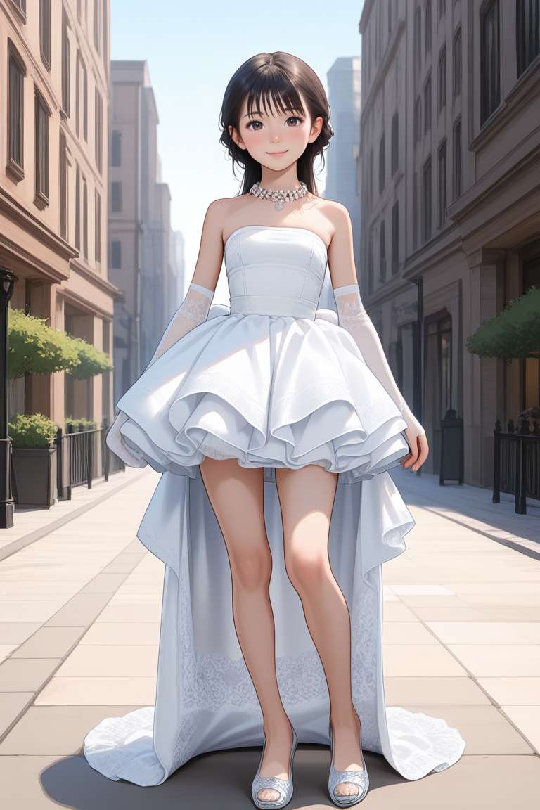1girl, <lora:white_high_low_dressV1_Illustrious:1> ,white high-low dress,lace train,ruffled skirt,bare shoulders,strapless,pearl necklace,jewelry,white lace elbow gloves,white footwear,outdoors, high heels, , masterpiece, best quality, amazing quality, newest,light_smile