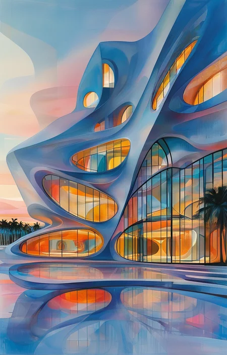 masterpiece,best quality,<lora:tbh307-sdxl:0.9>,illustration,design by Zaha Hadid Art Deco hotel facade in Miami Beach, featuring pastel colors and streamlined forms