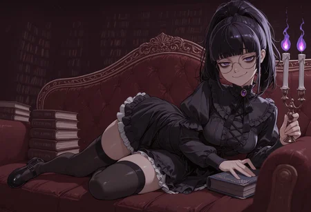 1girl, solo, dark purple eyes, bags under eyes, looking at viewer, smug, round glasses, upturn nose, black hair, glossy hair, glossy lips, twintails, blunt bangs, gloomy, medium breasts, messy hair, high ponytail, puritan collar, black dress, frilled blouse, miniskirt, petticoat, long sleeves, puffy sleeves, black thighhighs, mary janes, lying on large victorian sofa, lying on side, tufted upholstery, seductive pose, full body, dilapidated house, gothic, library, book stack, bookshelf, dark, masterpiece, best quality, very aesthetic, absurdres, dimly lit, ((holding candelabra, purple flame)), film grain, depth of field, vignetting, chiaroscuro, hard shadows, low gamma, Expressiveh