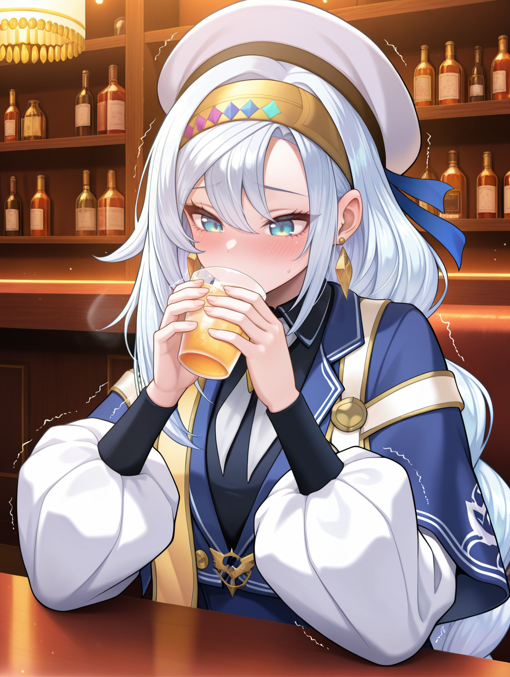 artmegia finemelt,1girl,solo,blush,cup,holding cup,trembling,upper body,drinking,gold earrings,blue dress,black collared shirt,blue capelet,white beret,gold hairband,gold sash,bar,indoors,
masterpiece,best quality,amazing quality,very aesthetic,absurdres,newest,<lora:Artmegia finemelt illusXL v1.3:0.7>,