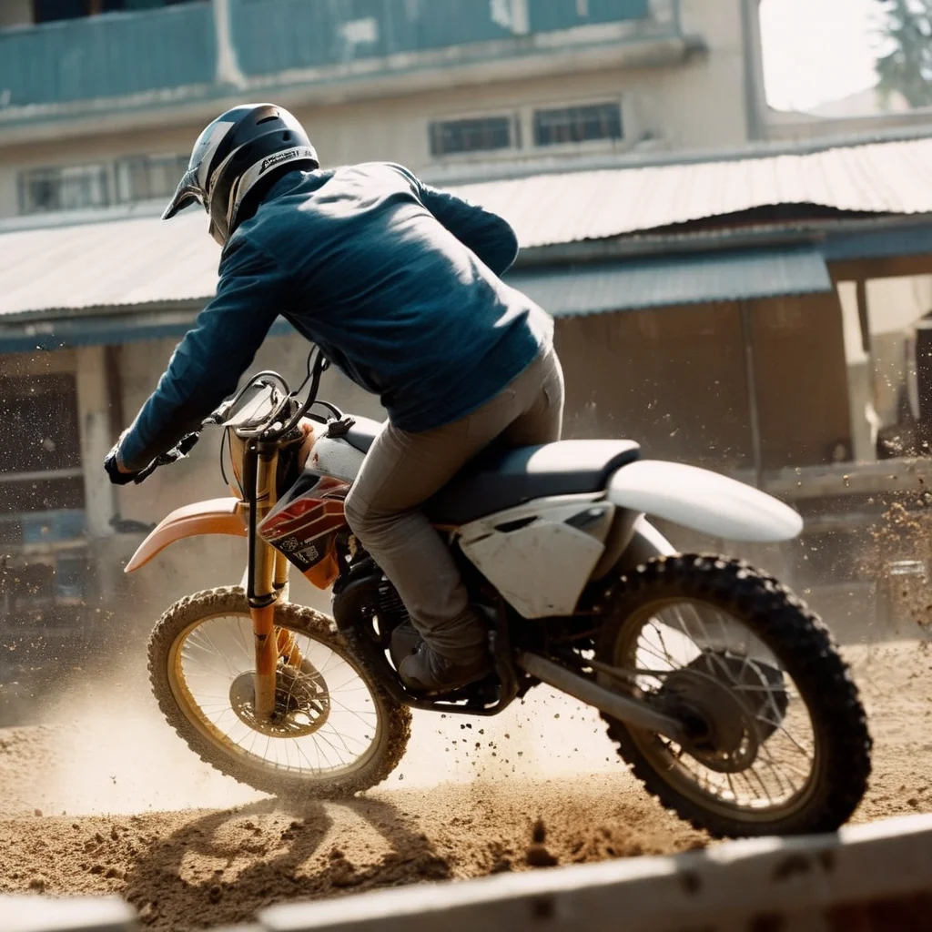 cinematic film still of  <lora:Film Stock Footage Style:1>
Wide view of an action scene of a man riding a dirt bike through a window with smashed glass in front of camera Kodak Vision3 500T Film Stock Footage Style, shallow depth of field, vignette, highly detailed, high budget, bokeh, cinemascope, moody, epic, gorgeous, film grain, grainy