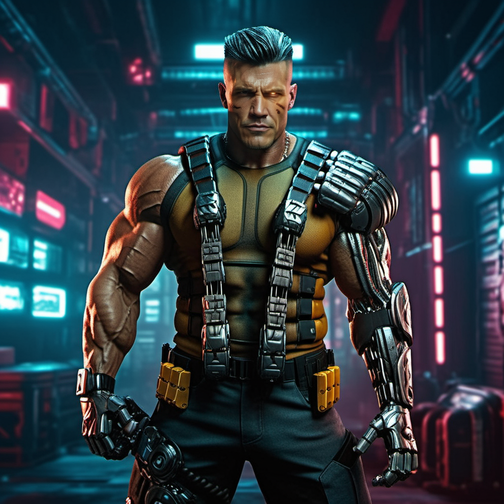 Cable1024, a muscular man with a robotic arm, full body, crossed arms, cyberpunk background, highly detailed, photography, ultra sharp, film, bokeh, professional, 64k   <lora:Cable1024:0.7>