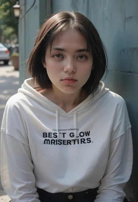 (score_9, score_8_up, score_7_up, score_6_up, score_5_up, score_4_up, best quality, masterpiece), (photorealistic:1.4), (young woman:1.2, 18yo,tapered shoulder-length dark hair, pale, sunken cheeks), (seductivelips, lips, dark circles under her hollow hazel eyes, eyesHD, detailed eyes), (faded hoodie:1.2, shirt in mouth, shirt lift, lifted by self, medium round breasts, petite blonde_nipples), (sitting against a wall:1.3, pushing legs from her knees wide open), (a dim streetlight casts a cold glow on her face), (expression filled with sorrow and resignation), (subtle signs of a troubled past around her), (solo, introspection).