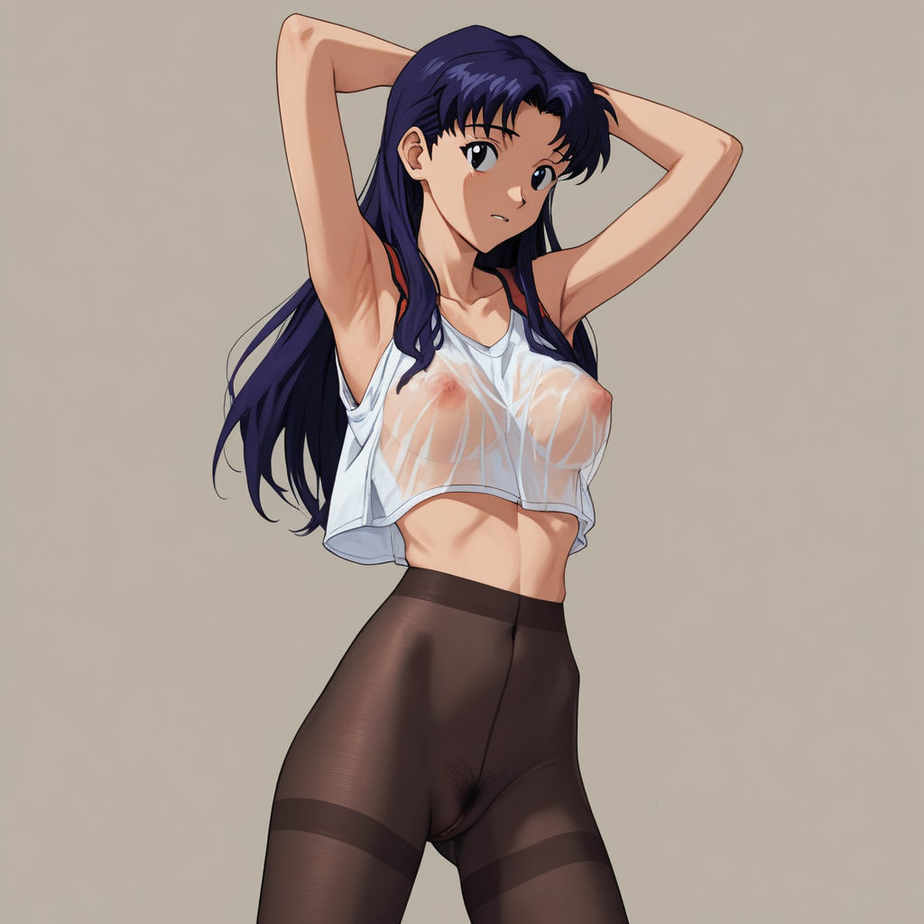 score_9,score_8_up, score_7_up,score_6_up, Neon Genesis Evangelion, source_anime, Katsuragi Misato, BREAK, rating_explicit, Katsuragi Misato\(Neon Genesis Evangelion\), source_anime, anime style, standing, stretching, armpits, navel, female pubic hair, see-through_legwear pantyhose, see-through, thighband_pantyhose, pantyhose, nudepantyhoseXL, pussy_under_pantyhose, uncensored, pussy, simple background