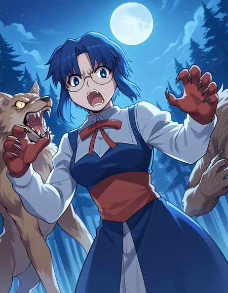 score_9, score_8_up, score_7_up, source_anime, <lora:carnivalphantasm-ciel-ova-ponyxl-lora-nochekaiser:1>, ciel, short hair, blue hair, blue eyes, glasses, ciel (tsukihime), large breasts,, <lora:werewolf-ponyxl-lora-nochekaiser:1>, werewolf, furry, fangs, animal ears, gloves, angry, teeth, animal ear fluff,, forest, night, moon, open mouth, , dutch angle, cowboy shot