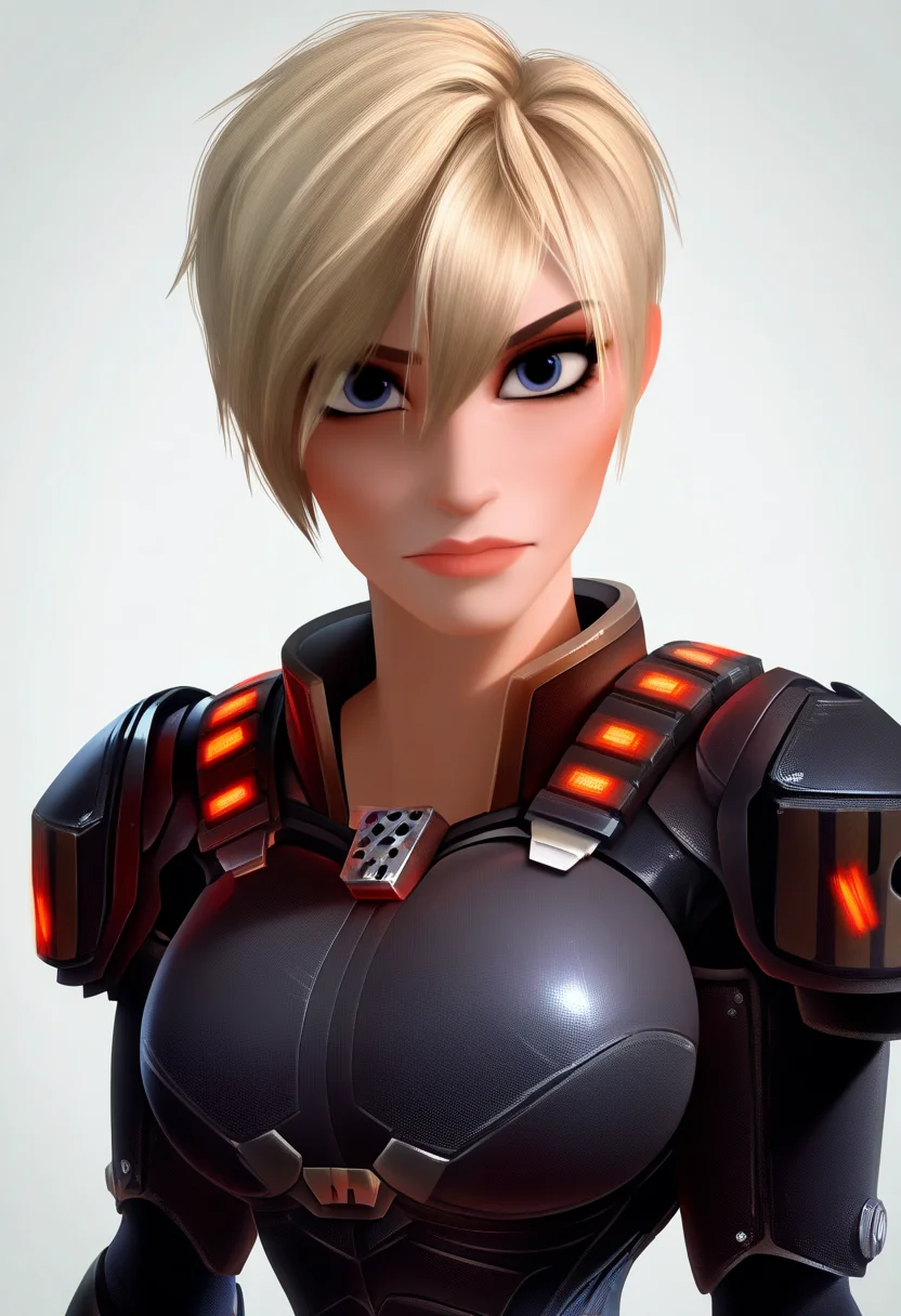 masterpiece, best quality, very aesthetic, absurdres,
realistic,render, 3d,
1girl, sgtcalhoun , blonde hair, short hair, blue eyes,
armor, bodysuit,
upper body, full body, looking at viewer, solo, simple background, white background <lora:SgtCalhounNoobXL_byKonan:1>