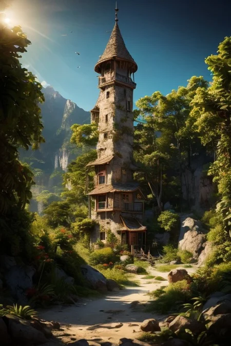 realistic analog photo, award winning photo, vary wide shot of stone witow tower:1.3, (Military watchtower), beach, dirt road, nature, outdoors, RAW, highres, 8k, uhd, High Dynamic Range, tonemapping, crisp details, no humans, palm tree, plant, rock, scenery, shore, sky, summer, sunlight, tree