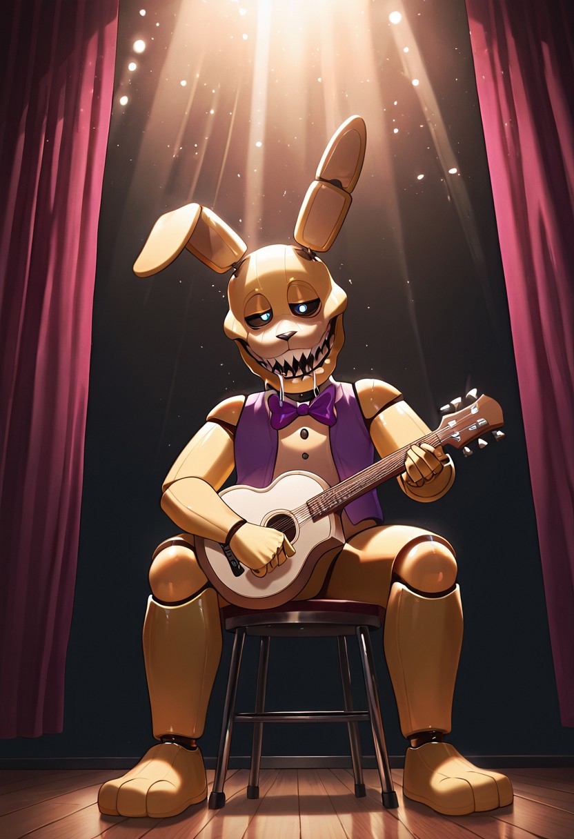 masterpiece, best quality, amazing quality, very aesthetic, absurdres, newest, detailed background, foreground blur, (( )),
springbon, teeth, rabbit ears, purple bowtie, sharp teeth, animatronic, robot joints,, 1boy, smile, big head, big mouth, wide head, wide face, drooling,, 
matte skin, half closed eyes, closed mouth, white sclera, big pupils, blue pupils, 
on stage, holding banjo, sitting on stool, stage lights, stage decoration, curtains, sun beam, wooden floor, purple vest, dynamic angle,