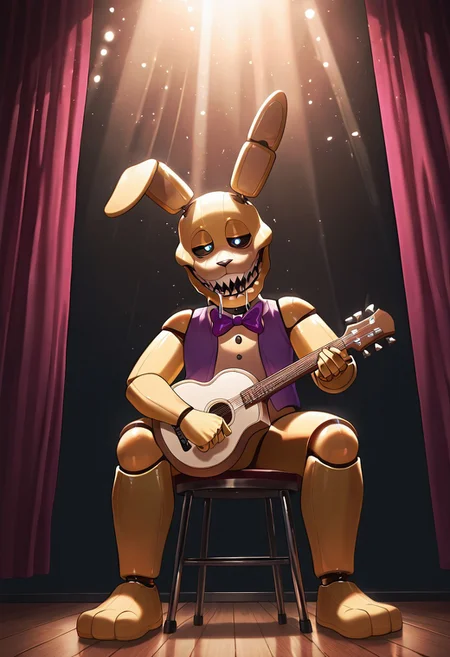 masterpiece, best quality, amazing quality, very aesthetic, absurdres, newest, detailed background, foreground blur, (( )),
springbon, teeth, rabbit ears, purple bowtie, sharp teeth, animatronic, robot joints,, 1boy, smile, big head, big mouth, wide head, wide face, drooling,, 
matte skin, half closed eyes, closed mouth, white sclera, big pupils, blue pupils, 
on stage, holding banjo, sitting on stool, stage lights, stage decoration, curtains, sun beam, wooden floor, purple vest, dynamic angle,