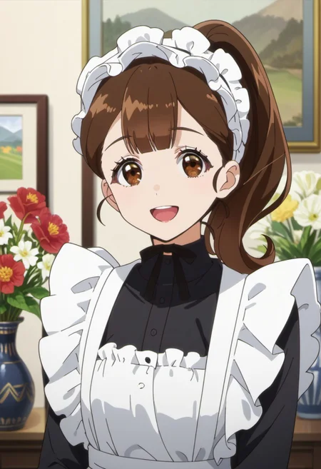 score_9, score_8_up, score_7_up, source_anime, sylvia, brown hair, ponytail, brown eyes, 1girl, solo, maid, maid headdress, open mouth, vase, smile, looking at viewer, flower, anime coloring, apron, :d