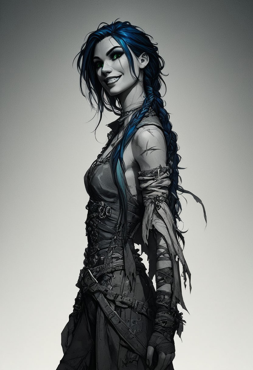 score_9, score_8_up, score_7_up, score_6_up, cinematic lighting, raw, high quality, 4k resolution, absurdres, dynamic lighting, high contrast, masterpiece, best quality, 
1girl, human, punk, athletic, green eyes, small breasts, scars, dark blue hair, braided ponytail, 
solo, (minimalism:1.2), flat-colors, flat-shading, monochrome, (spot-color),  smile, grin, head-tilt, clothed, portrait, facing-viewer, abstract-background, two-tone-background, gradient-background, detailed hair, volumetric lighting, realistic-lighting,
