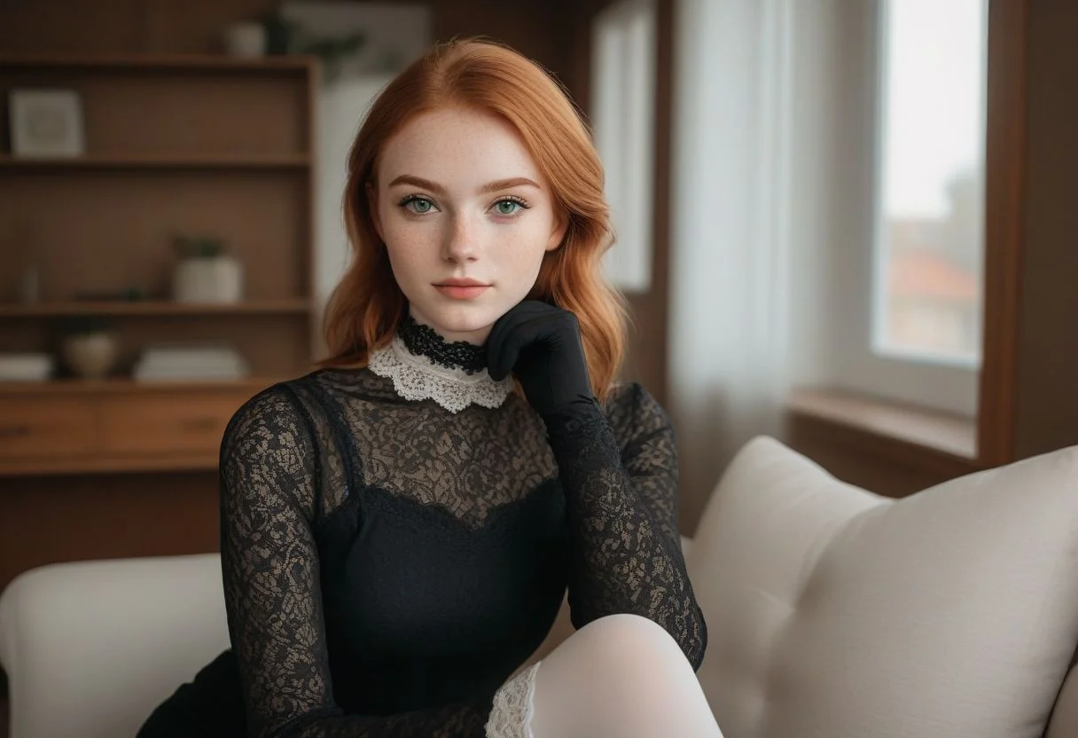 portrait, upper body, close up, cute woman, beautiful, 20 years old, green eyes, (black bold eyeliner, makeup:1.3), freckles, soft smile, shoulder length ginger hair at side, ear,
living room, black lace lingerie, white stockings, open shirt, beautiful legs, lace gloves, black choker,
hyperdetailed analog photo, Cinematic, wooden house,