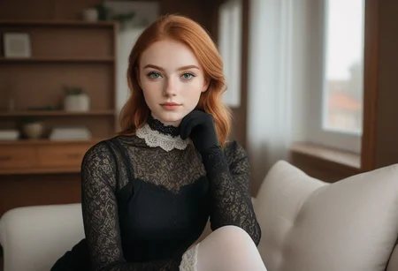 portrait, upper body, close up, cute woman, beautiful, 20 years old, green eyes, (black bold eyeliner, makeup:1.3), freckles, soft smile, shoulder length ginger hair at side, ear,
living room, black lace lingerie, white stockings, open shirt, beautiful legs, lace gloves, black choker,
hyperdetailed analog photo, Cinematic, wooden house,