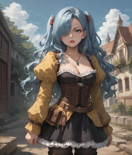 score_9, score_8_up, score_7_up, source_anime, <lora:handsEnhancerPXL:1>, <lora:Expressive_H:0.8> expressiveh, <lora:cfgScaleBoost:0.3> BREAK
cowboy shot, 1girl, <lora:Madeleine_Dragons_Dogma_PXL:1> , blue hair, straight hair, very long hair, two-side up, hair over one eye, green eyes, eye shadow, teardrop pendant, collarbone, small breasts, cleavage, puffy sleeves, long sleeves, yellow sleeves, black dress, white frills, frilled hem, red ribbons, brown corset, (yellow jacket, open jacket, long jacket:1.2), brown belt, belt pouch, black pantyhose, brown boots, heel boots, hands behind back, looking at viewer BREAK outdoors, dirt road, rocks, hills, cloudy weather