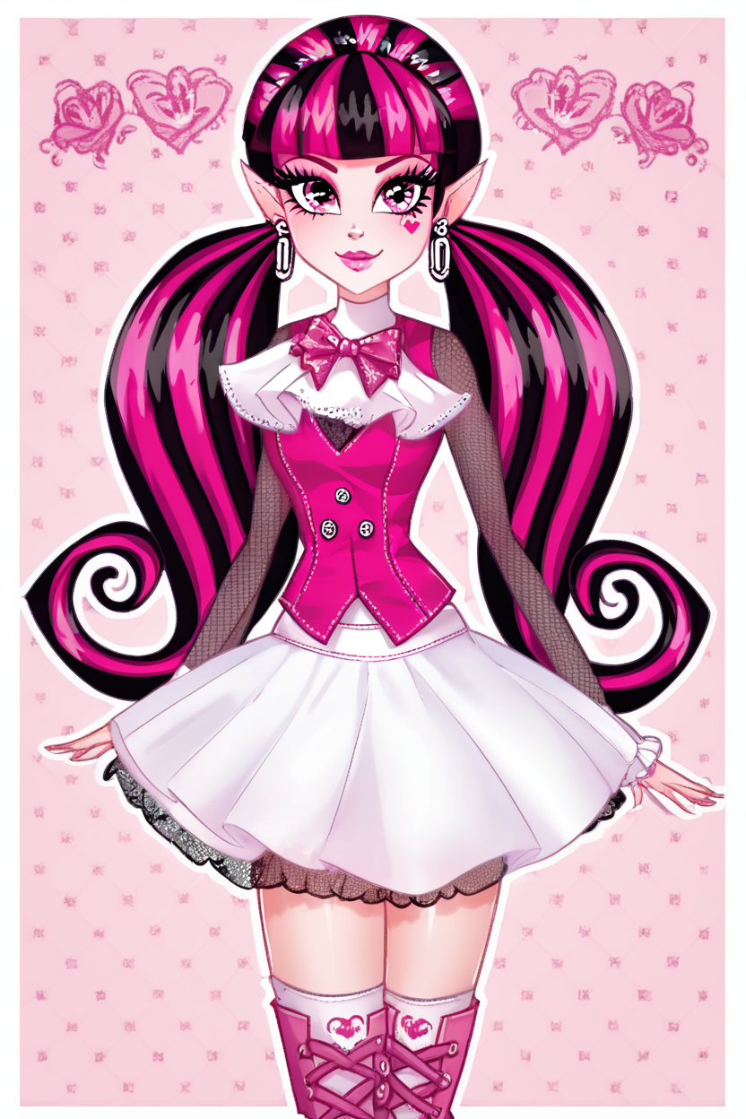 score_9, score_8_up, score_8, medium breasts, (curvy), cute, eyelashes,       BREAK, ,  zzDraculaura, solo, twintails, multiclored hair, pink hair, black hair, pink eyes, pointy ears, earrings, fishnet sleeves, frilled sleeves, long sleeves, blunt bangs, monster high, pink vest, white skirt, pink knee boots,  <lora:Draculaura_MH_PDXL_v5:1.0>, , BREAK, smile, closed mouth, looking at viewer, cowboy shot, ,,, embedding:zPDXL, Expressiveh, ,,, <lora:Puppypaww_Style_PDXL_v2:0.8>, <lora:SDXLFaeTastic2400:0.5>, <lora:Expressive_H-000001:0.4>,