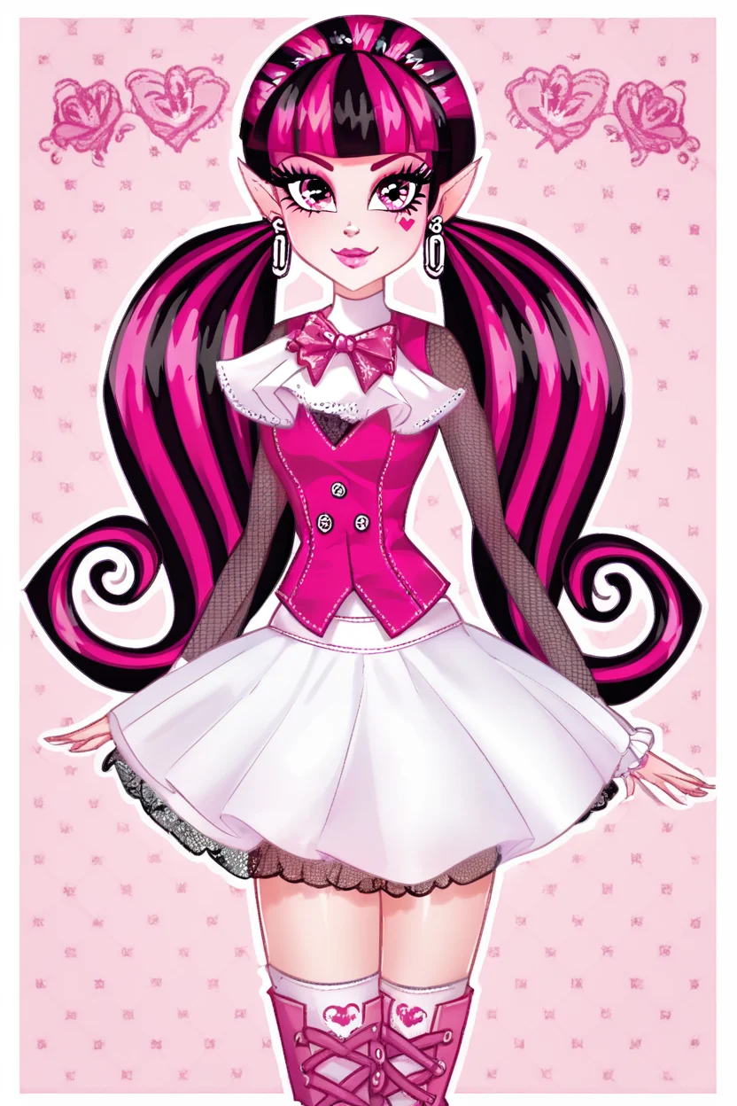 score_9, score_8_up, score_8, medium breasts, (curvy), cute, eyelashes, BREAK, , zzDraculaura, solo, twintails, multiclored hair, pink hair, black hair, pink eyes, pointy ears, earrings, fishnet sleeves, frilled sleeves, long sleeves, blunt bangs, monster high, pink vest, white skirt, pink knee boots, <lora:Draculaura_MH_PDXL_v5:1.0>, , BREAK, smile, closed mouth, looking at viewer, cowboy shot, ,,, embedding:zPDXL, Expressiveh, ,,, <lora:Puppypaww_Style_PDXL_v2:0.8>, <lora:SDXLFaeTastic2400:0.5>, <lora:Expressive_H-000001:0.4>,