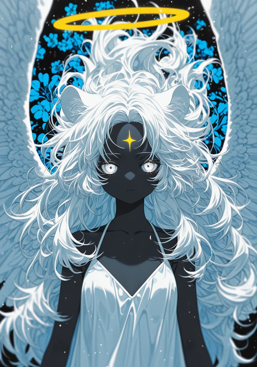 masterpiece, best quality, good quality, solo, wings, 1girl, golden halo, white eyes, long hair, two wings, (Cyan blue theme:1.0), angel wings, (spot color), forehead_mark, looking afar, (monochrome:0.77), angel, simple background, white hair, black, white dress, (greyscale:0.7), closed mouth, depth of field, dynamic, floral background, anime wallpaper, anime character, white hair, gold eyes, (dark skin), (fluffy big hair), white tiger ears, solo, girl, water particles, safe