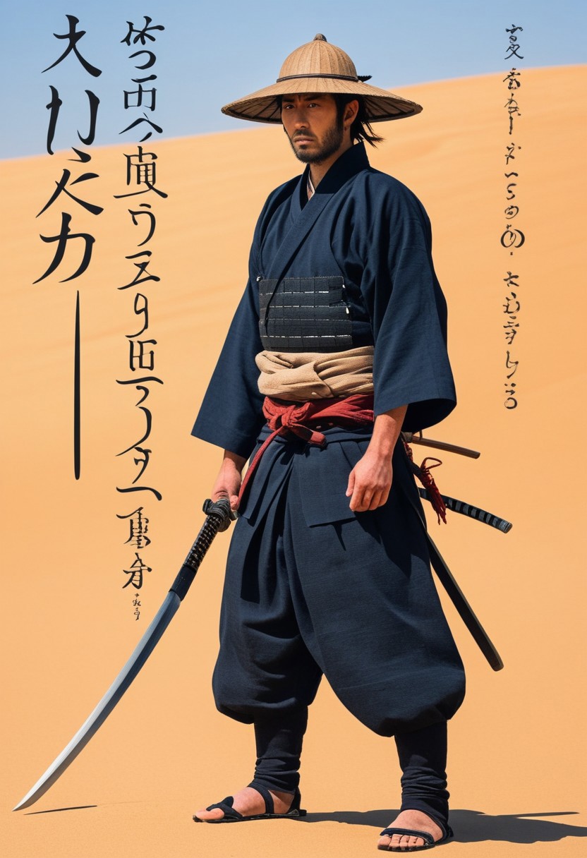 jav cover, A close up scene of a samurai standing on a desert with his katana and wooden hat, japanese text, text, art cover