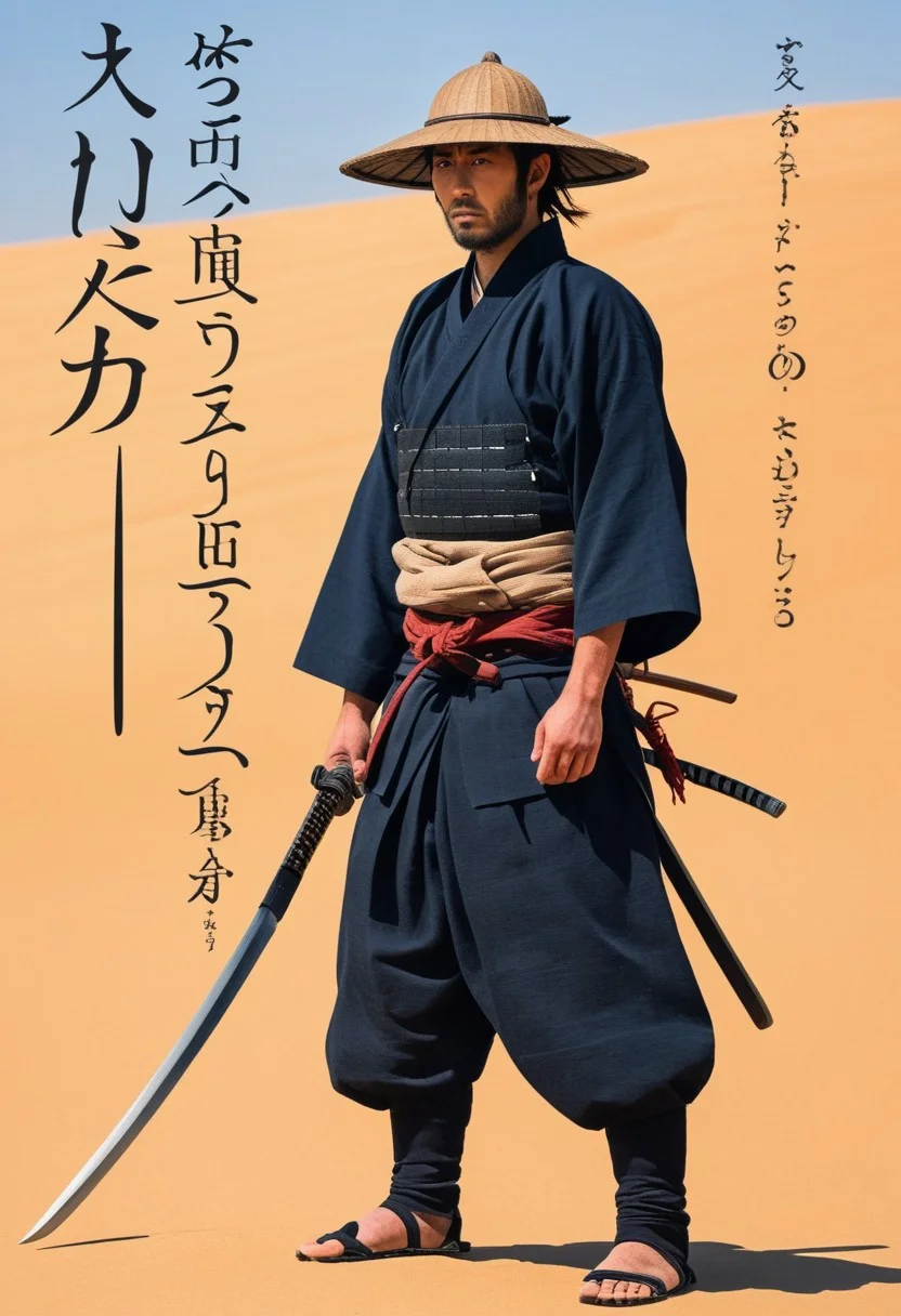 jav cover, A close up scene of a samurai standing on a desert with his katana and wooden hat, japanese text, text, art cover