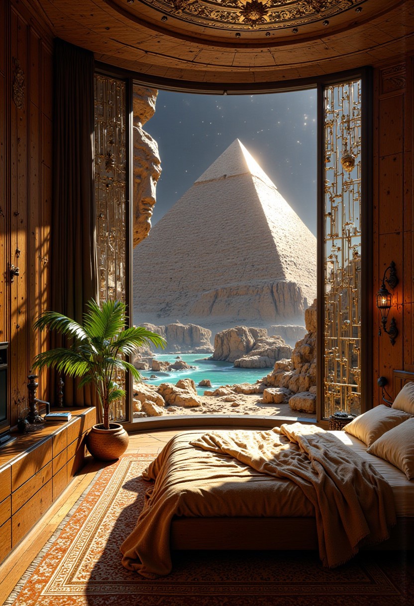 "A luxurious, modern bedroom with a breathtaking view of the Great Pyramid of Giza through a large floor-to-ceiling window. The room features warm, earthy tones and natural textures. A spacious king-size bed with a plush, white duvet and beige blankets and pillows is placed in the center, facing the window. The floor is adorned with a patterned, earthy-toned rug that complements the wooden flooring. The walls are covered in a textured wood paneling, giving the room a cozy, rustic feel. There is a palm plant in a woven basket by the window, adding a touch of greenery. The warm sunlight filters through the glass, casting a soft glow over the room and highlighting the intricate details of the ancient pyramid outside. The atmosphere is serene, blending modern comfort with an ancient, awe-inspiring view.
scifi, Revelation Space series, Pattern Jugglers, Nostalgia for Infinity, turquoise ocean planet, Scorp the hyperpig, Conjoiner settlements, with such advanced technology that it might as well be magic,
A sleek, titanium-hulled spaceship, dubbed 'Warp Drive Vessel,' hurtles through the cosmos with a streamlined design and industrial-inspired flair. Mud flaps on its underside add a rugged touch to its otherwise polished appearance, glistening under the soft glow of nearby stars."
