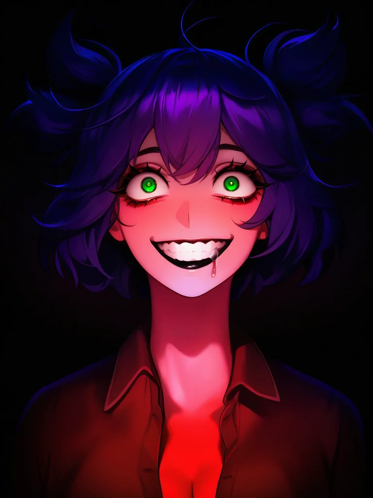 masterpiece, best quality, absurdres, highres, very awa, 
<lora:un-30:1> unlblch, 1girl, solo, purple hair, two sides up, short hair, green eyes,  
 horror \(theme\), solo, female,  black lips, clenched teeth, stare, wide eyed, grin, insane, insane eyes, messy hair, drooling, eyeliner, eyelashes, open clothing, heart symbol,