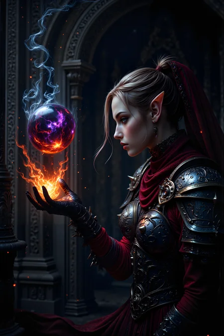 A hyper-realistic portrait, photorealistic photo close-up image of alabaster skin. Her pointed ears peek through the strands of her hair as she gazes intently at a floating, glowing crystal orb encased in dark, ethereal flames. Sheâs in a shadowy corner of a massive, ancient webway gate, the intricate runes on the walls pulsing with faint light. Her armor is an ornate mix of silver and dark red, with spiked pauldrons that seem to absorb the surrounding shadows. A strange, crimson veil covers the lower half of her face, fluttering in an invisible wind. The orb emits an eerie hum, and her gloved hand reaches out, the fingertips brushing against its surface. The air around her shimmers with psychic energy, and the dark flames of the orb seem to react, spiraling outward like tendrils of darkness. Her piercing, violet eyes reflect the ominous glow of the orb, filled with both awe and determination. (photography, high-resolution, dynamic, energetic,hyper-realistic, dramatic lighting, shallow depth of field.), detailmaximizer, MythP0rt<lora:midjourney_whisper_flux_lora_v01:0.55><lora:aidmaMJ6.1-FLUX-V0.1:0.4><lora:FluxMythP0rtr4itStyle:0.4><lora:detailed_flux_ntc:2.2><lora:aidmaImageUpgrader-FLUX-V0.1:0.65>