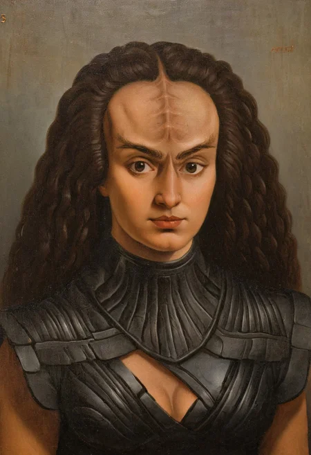 intricate detailed AH_Hayez oil painting upper body portrait of a female  kling0n alien princess, leather dress, forehead ridges, light brown skin, nose ridges, large eyebrows