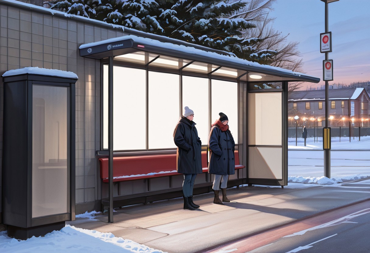 (masterpiece, newest, high quality, best quality, very awa, very aesthetic, ultra detailed, realistic), hyperrealistic, (UHD quality details), bus_shelter, wide shot, 1girl 1boy, standing, coat, beanie, pants, boots, winter, snow, low light, outdoors, street, evening, depth of field, 8k uhd, absurdres, volumetric lighting, tack sharp focus, beautiful composition, intricate detail, professional illustration