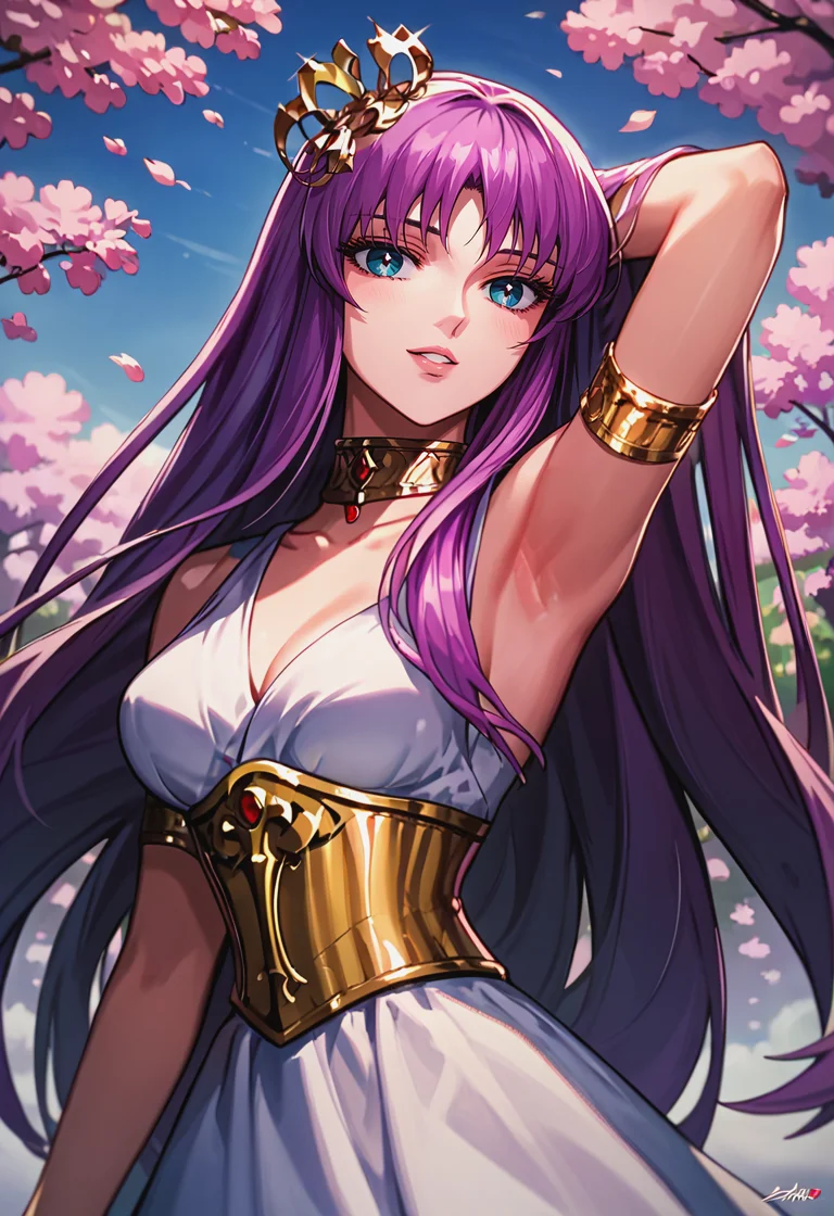 score_9, score_8_up, score_7_up, best quality, intricate details, source anime, rating explicit, BREAK
Placing hands behind head, love gaze, blush, parted lips, light smile, head tilt,
athenakido, purple hair, long hair, aqua eyes, sleeveless dress, <lora:SaoriKido_Pony_v02-10:1>
corset, armlet, crown, choker,
serene courtyard with cherry blossom trees in bloom,