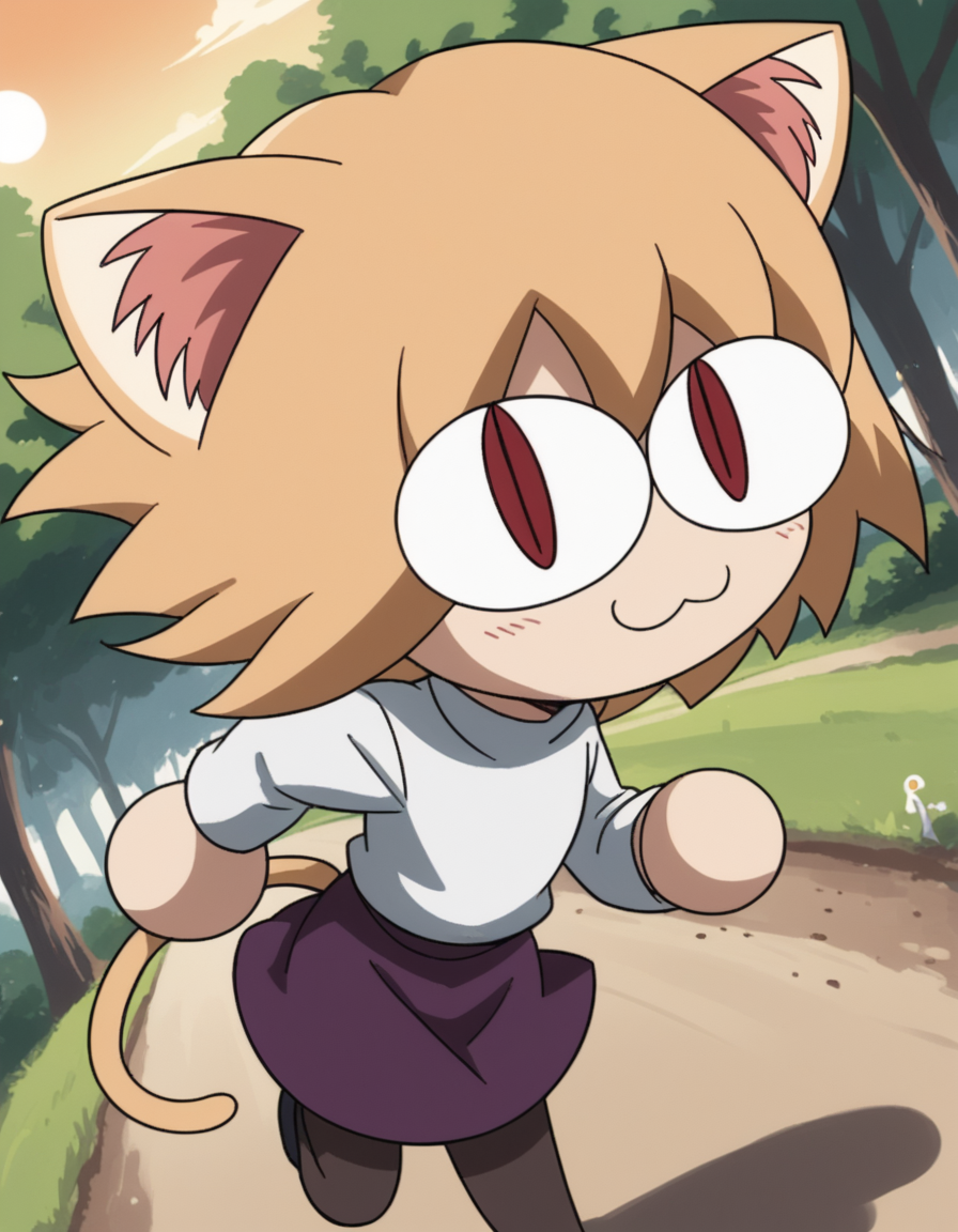 score_9, score_8_up, score_7_up, source_anime, <lora:carnivalphantasm-neco-arc-ova-ponyxl-lora-nochekaiser:1>, neco arc, short hair, blonde hair, red eyes, animal ears, tail, cat ears, chibi, cat tail, slit pupils,, skirt, pantyhose, sweater, purple skirt,, bike ride, countryside, dirt road, trees, afternoon sun, peaceful, alone, smile, looking at viewer, from above,, solo,, dutch angle, cowboy shot