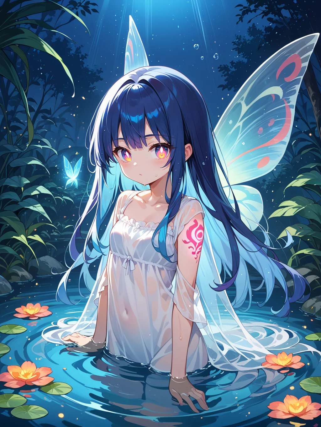 score_9, score_8_up, score_7_up,source_anime,
1girl,glowing, fairy wings, symbol-shaped pupils, manta ray, see-through, multicolored long hair, light reflection \(water\), light particles, night, partially submerged, glowing tattoo,