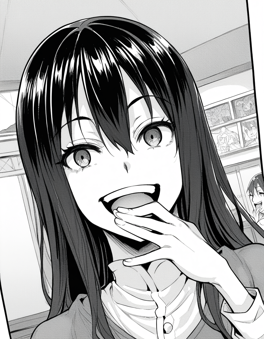 score_9, score_8_up, score_7_up, source_anime, sakiyoshida, <lora:saki-yoshida-manga-ponyxl-lora-nochekaiser:1>, saki yoshida, long hair, hair between eyes, monochrome, greyscale, black hair,, <lora:ojou-sama-pose-ponyxl-lora-nochekaiser:1>, ojou-sama pose, laughing, smug, hand to own mouth, open mouth,, indoors, smile,, cowboy shot, dutch angle, looking at viewer,