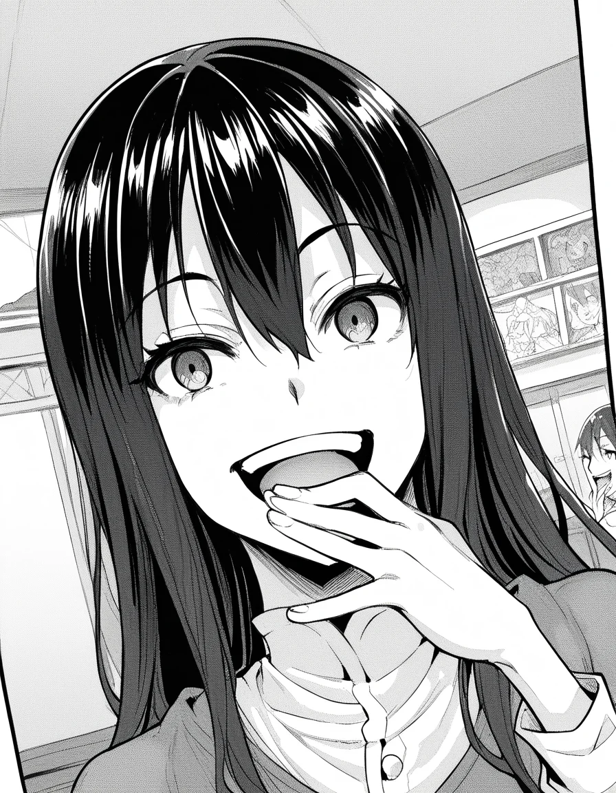 score_9, score_8_up, score_7_up, source_anime, sakiyoshida, <lora:saki-yoshida-manga-ponyxl-lora-nochekaiser:1>, saki yoshida, long hair, hair between eyes, monochrome, greyscale, black hair,, <lora:ojou-sama-pose-ponyxl-lora-nochekaiser:1>, ojou-sama pose, laughing, smug, hand to own mouth, open mouth,, indoors, smile,, cowboy shot, dutch angle, looking at viewer,