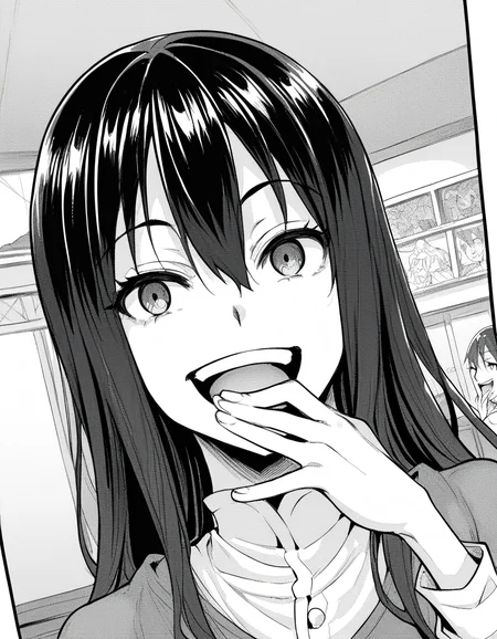 score_9, score_8_up, score_7_up, source_anime, sakiyoshida, <lora:saki-yoshida-manga-ponyxl-lora-nochekaiser:1>, saki yoshida, long hair, hair between eyes, monochrome, greyscale, black hair,, <lora:ojou-sama-pose-ponyxl-lora-nochekaiser:1>, ojou-sama pose, laughing, smug, hand to own mouth, open mouth,, indoors, smile,, cowboy shot, dutch angle, looking at viewer,