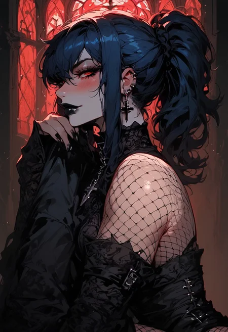 score_9,score_8_up,score_7_up, source_anime, 2.5D, Expressiveh,,1girl, blue hair on girl, messy bangs, ponytail, red eye, cross iconography, girly, big ass, small boobs, huge thighs, black high heel boots, fishnets tights, black miniskirt, wide hips, massive thighs, goth, black lipstick, head resting on knees, gothic castle, window shot, sexy pose, bubble butt, showing off ass, side view
playful smile, mischievous, vampire, blushing, shy, close up