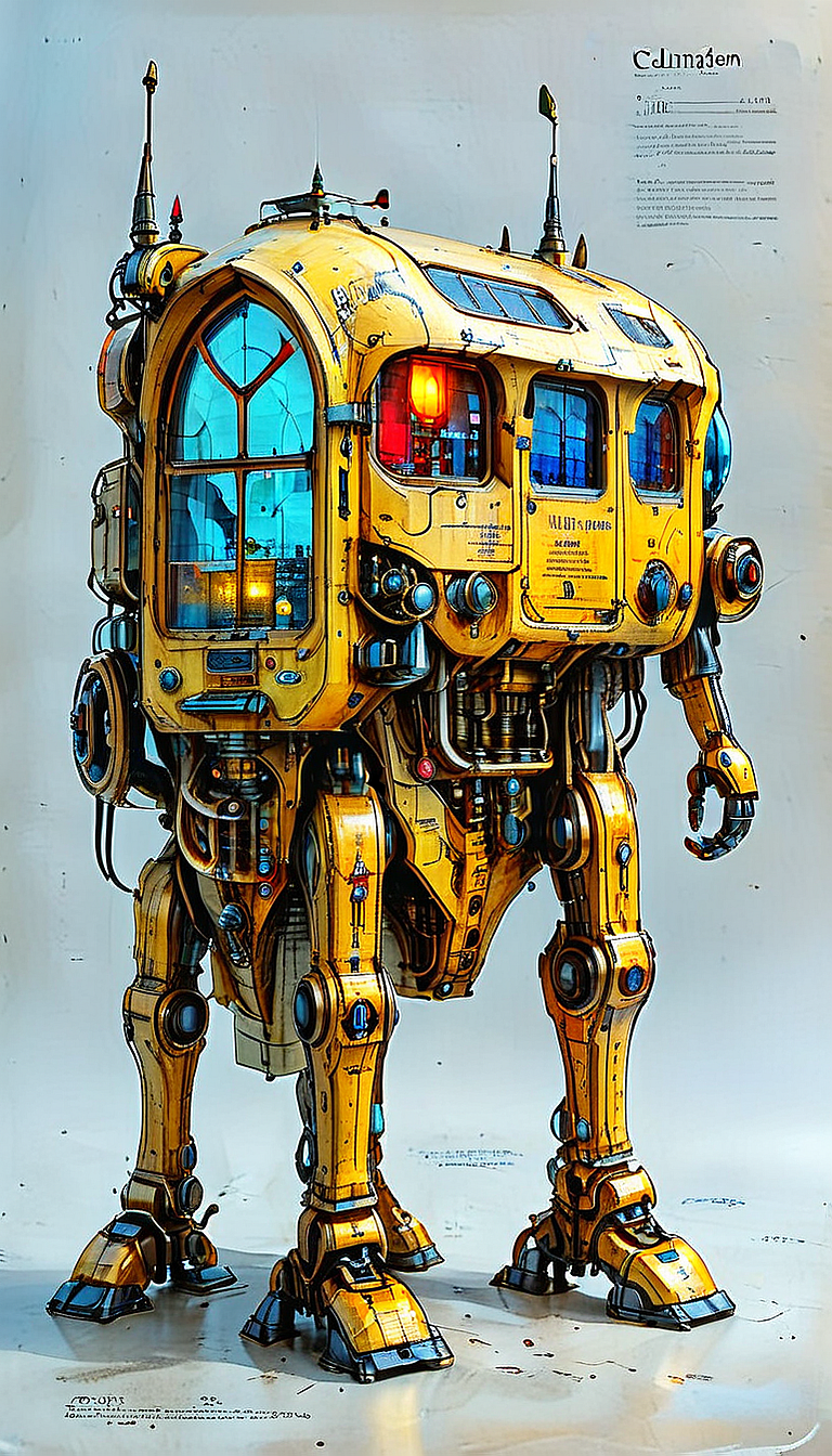 (cel-shading:2)+, (in ARTIST style:1.6), (masterpiece:1.7), night, glow neon, hyperrealism, glossy, shinny, clear image, accurate picture, clear picture, precise image, focused image,
An illustrated medieval old yellow worn page ParchmenÐµ of (mecha animal, science fiction, standing, Walking vehicle, red paint), made with ingredients including: (mechanical legs, antenna, parts, wires), text is Old English and Gothic, parchment page, intricate details, muted colors, high resolution, best quality, fantasy vibe (ultra sharp focus:2), (detailed windows:2), (thin lines:2), (best quality:1.8),
<lora:MJ52:0.8> <lora:ParchartXL_CODA:1>,
<lora:add-detail-xl:1> (ultra sharp focus:1.8), (detailed skin:1.8), (thin lines:1.8), (best quality:1.8),
<lora:Apparatus_-_Traction_City_Walkers_Vehicles:0.7>, <lora:Someplastic_b:0.6>,
<lora:glowneon_xl_v1:0.6>