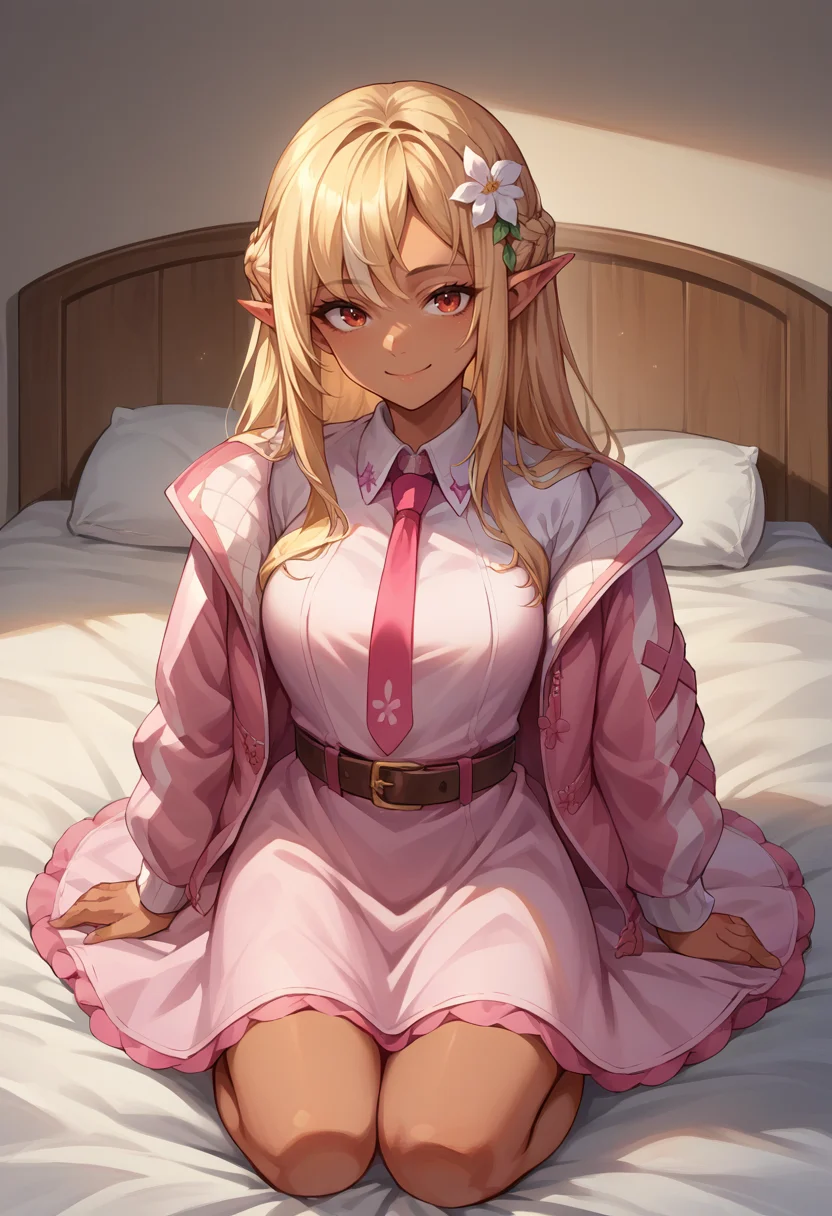 score_9, score_8_up, score_7_up, source_anime, 1girl, solo, FlareCasual, dark skin, long hair, braid, hair flower, pink jacket, pink dress, collared dress, red necktie, belt, kneeling, indoors, on bed, smile, <lora:ChjamShiranuiFlarePonyXL:1>