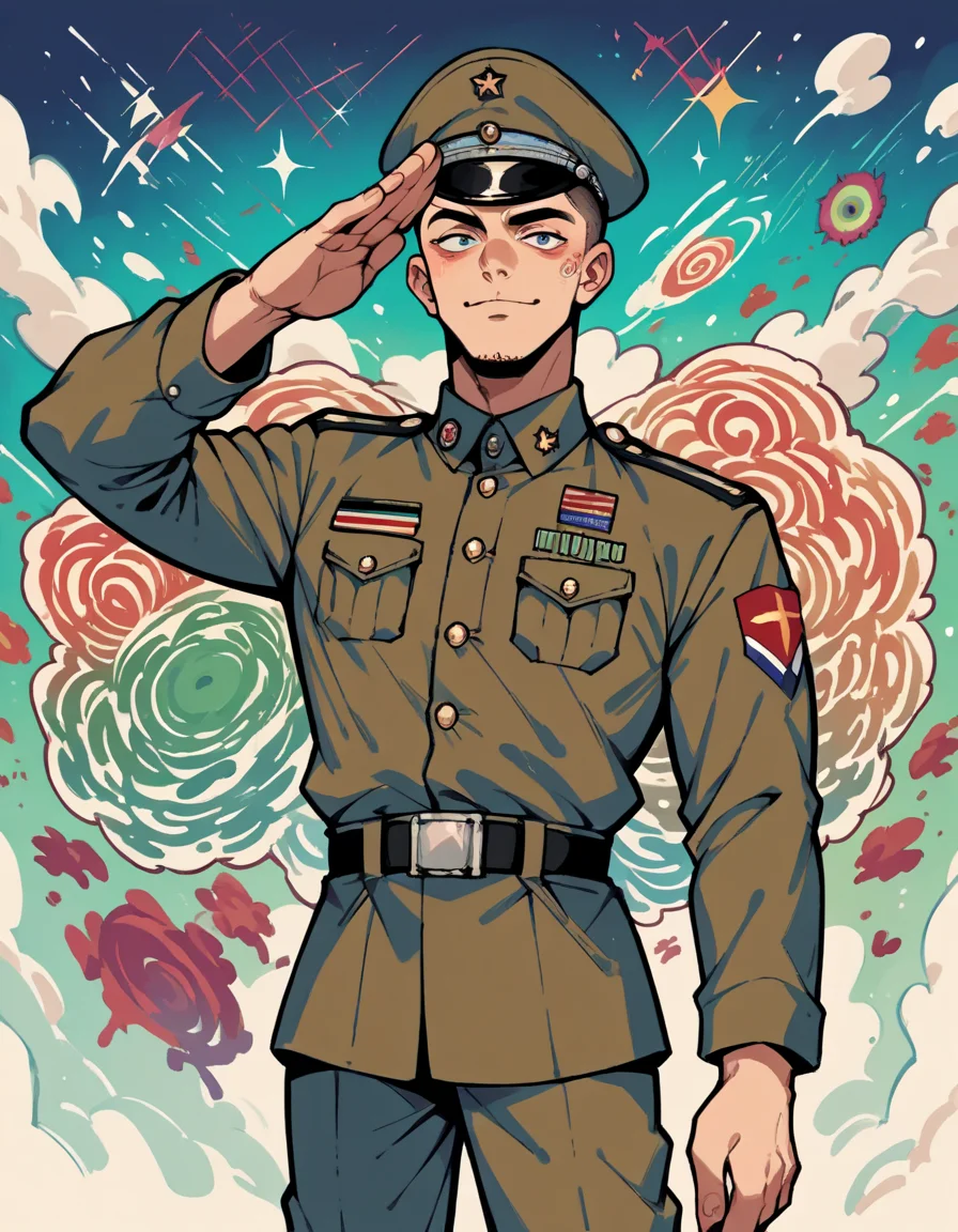 score_9, score_8_up, score_7_up, score_6_up, score_5_up, score_4_up, source_anime, 1boy, army uniform, salute, hud_psyc_styl_XLP, psychedelic, trippy, <lora:hud_psyc_styl_XLP:0.8>