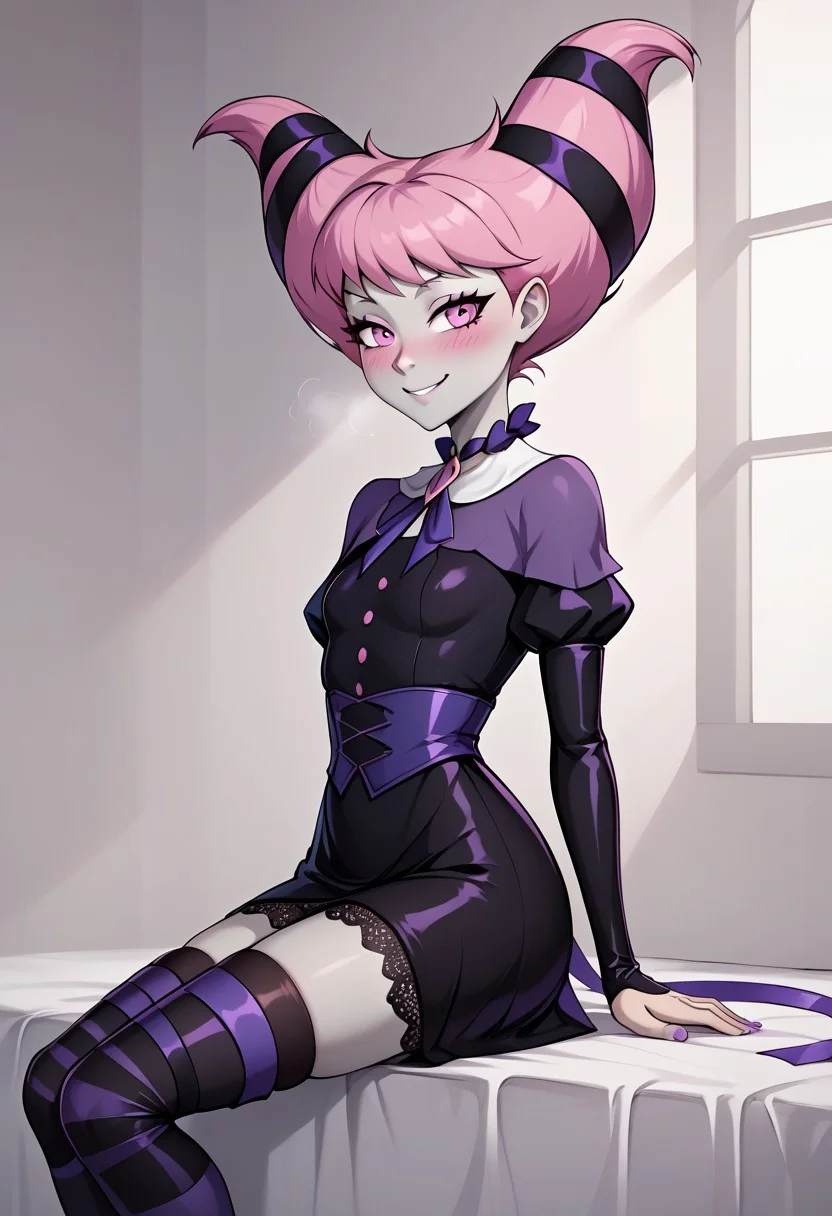 solo, 1girl, Petite, small bust, short pink hair, pale grey skin, pink eyes, blush, vintage black dress with violet polka dots, fitted waist with a violet belt, puffed sleeves, thigh-high black stockings with lace trim, black boots, violet ribbon tied around neck with a small medallion, sitting with legs crossed, hands resting on lap, and a soft smile