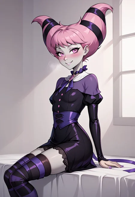 solo, 1girl, Petite, small bust, short pink hair, pale grey skin, pink eyes, blush, vintage black dress with violet polka dots, fitted waist with a violet belt, puffed sleeves, thigh-high black stockings with lace trim, black boots, violet ribbon tied around neck with a small medallion, sitting with legs crossed, hands resting on lap, and a soft smile